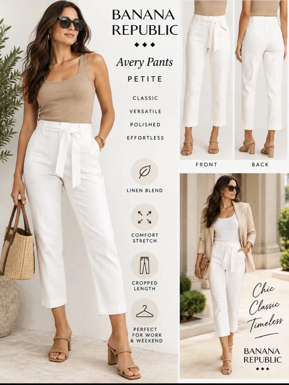 NWT Banana Republic Avery White Linen Blend Belted Crop Pants 8P Petite